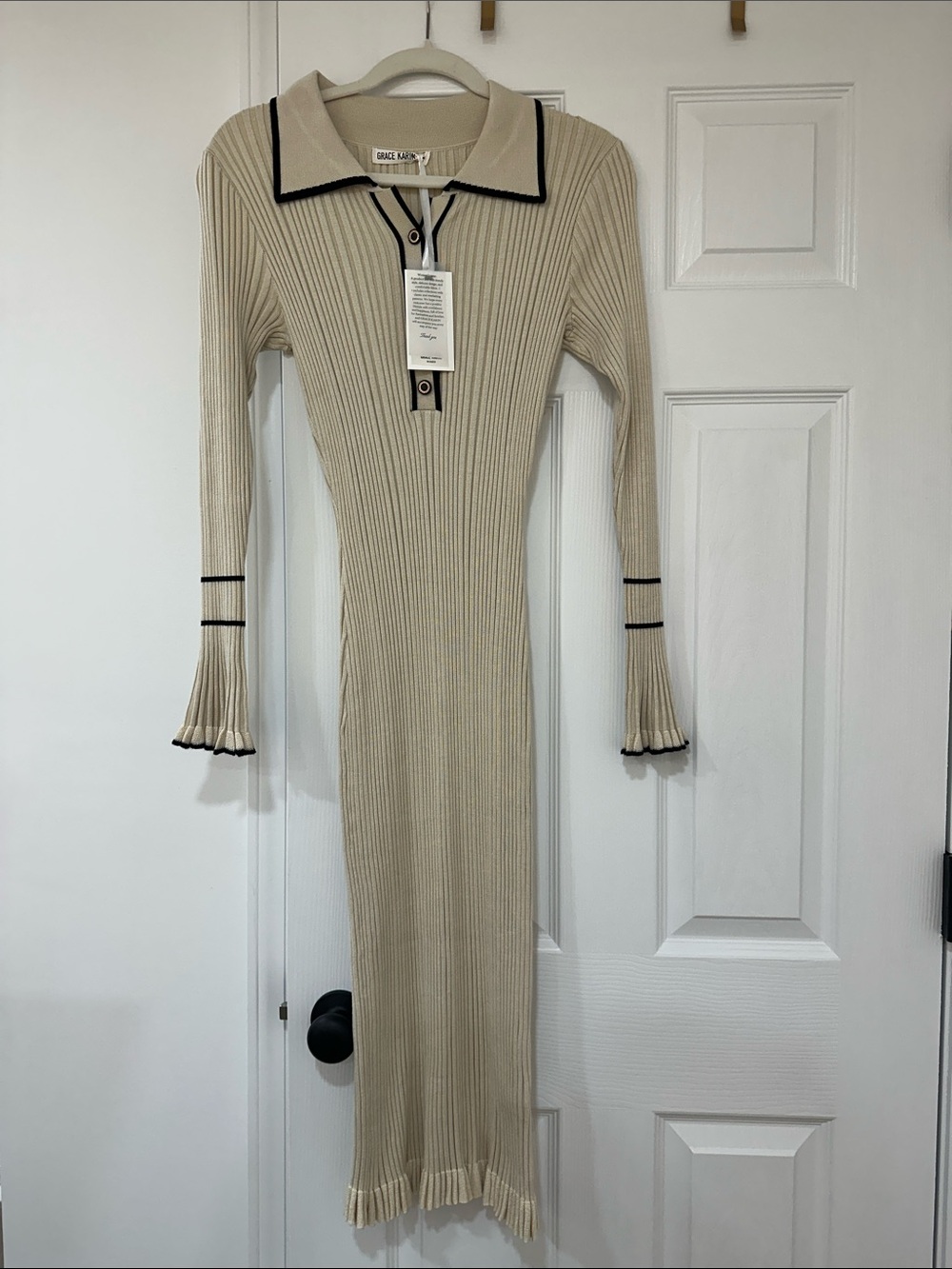 Grace Karin Beige Ribbed Polo Midi Dress with Black Trim - Picture 2 of 7